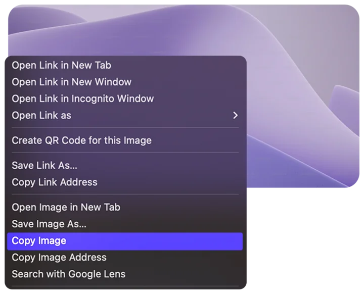 Browser right-click menu with the copy option highlighted